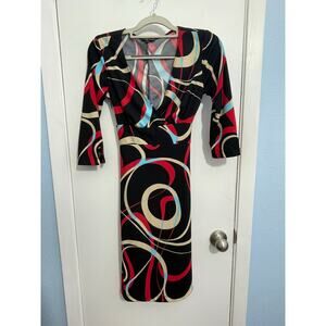 Y2K My Michelle Dress Small Geometric Faux Wrap 3/4 Sleeve Office Siren Retro